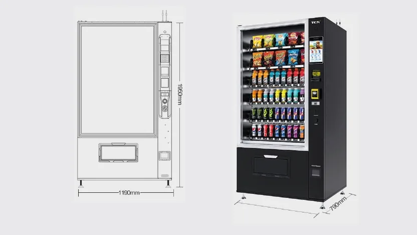 SNAKKY-10 snack automata méretei és érintőképernyős kialakítása
